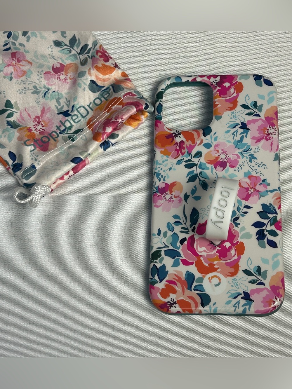 Loopy Gardenia Teal Pink Floral iPhone 12 Case with Finger Loop & Storage Bag